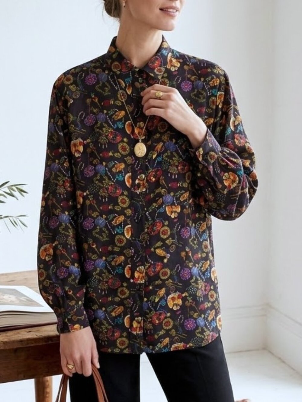 Oleg Cassini Novelty Print Vintage 90s Silk Long Sleeve Button Down Blouse Small